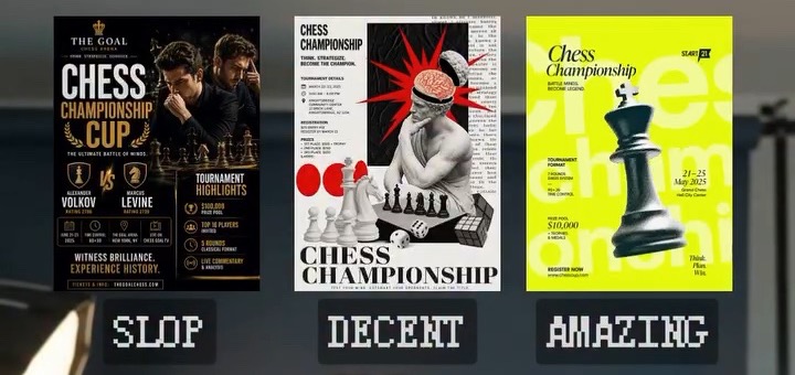 Chess poster reference. SLOP: black-and-gold poster with player photos and fact blocks. DECENT: editorial collage. AMAZING: a single huge chess king on fluorescent yellow with typography running off the edge.