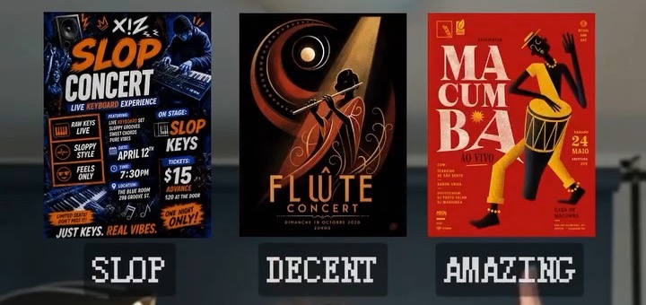 Concert poster reference. SLOP: busy collage with lightning and boxes. DECENT: elegant art-deco poster. AMAZING: one illustrated drummer with the word MACUMBA stacked as giant typography integrated into the composition.