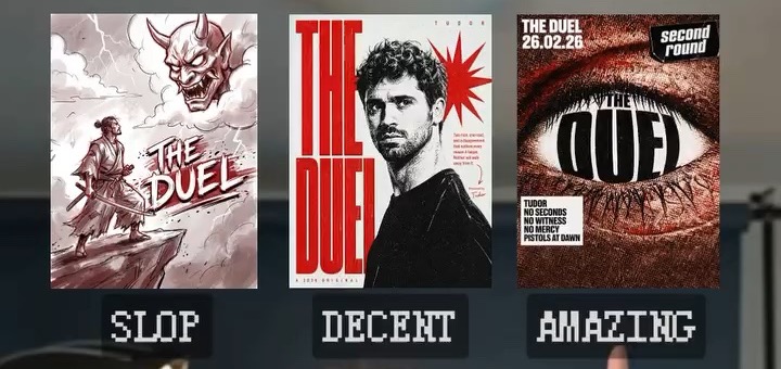 Film poster reference. SLOP: literal samurai illustration. DECENT: editorial portrait poster. AMAZING: extreme close-up of a bloodshot eye with the word DUEL inside the pupil — the concept becomes the image.