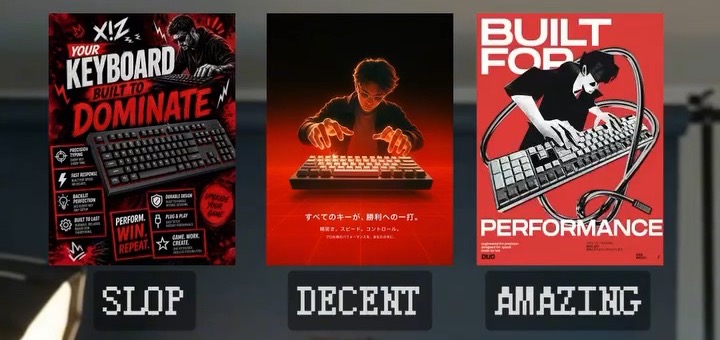 Keyboard ad reference. SLOP: red-black gamer poster with badges and slogans. DECENT: clean cinematic product shot. AMAZING: the keyboard cable wraps around giant type reading Built for Performance — the product itself builds the composition.